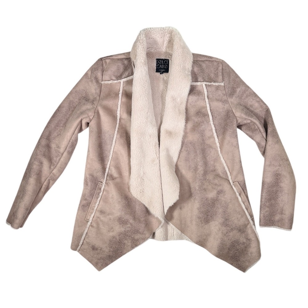 Dolce Cabo Faux Suede Fur Trim Jacket Womens M Taupe Cream Open Front Boho 71145